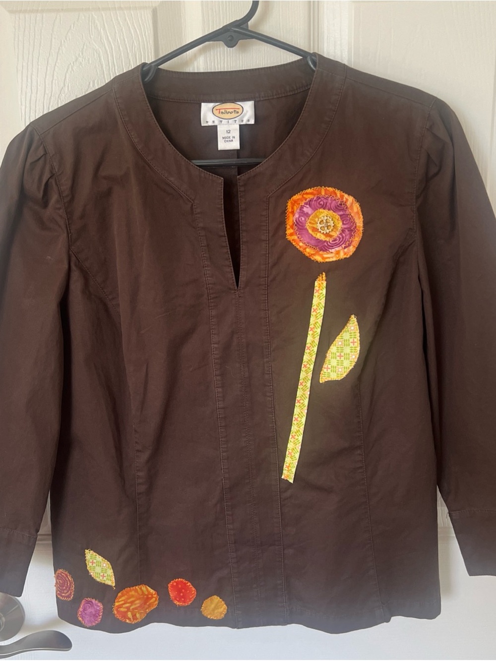 Talbots Brown Tunic Top with Orange & Purple Floral Appliqué